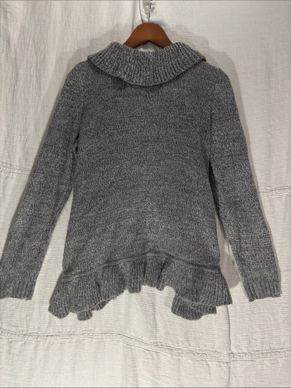 By Design Gray Marled Shimmer Ruffle-Trim Cable Knit Cardigan Sweater Size S/M - Picture 7 of 8